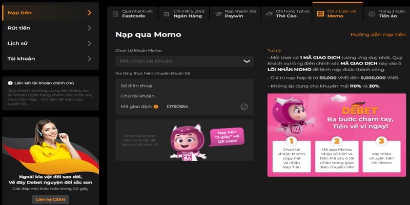 nap tien debet 3 Nạp tiền qua ví Momo vừa nhanh lại hạn chế rủi ro